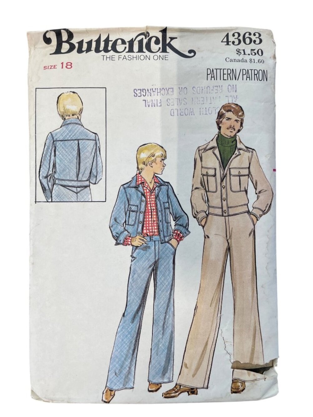 Vintage Butterick 4363 Sewing Pattern Size 18 Teen Boys Jacket & Pants CUT